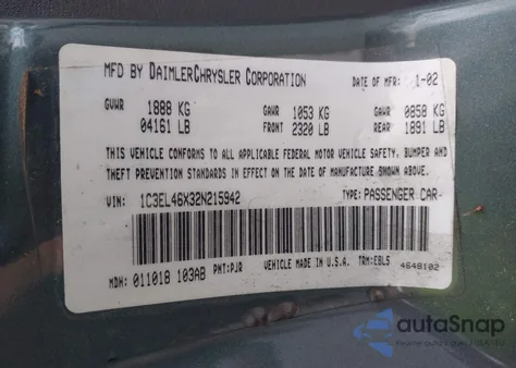 2002 Chrysler Sebring Lx/Lx Plus из США, поврежденный, VIN 1C3EL46X32N215942